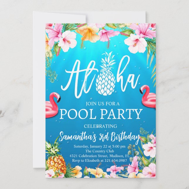 Invitación de cumpleaños a Fiesta de Aloha Pool (Anverso)