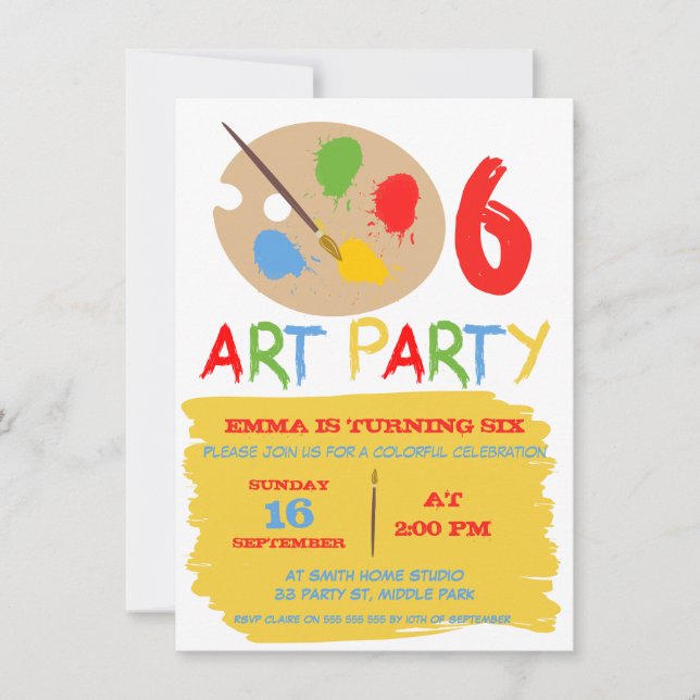 Invitación de cumpleaños a Fiesta de arte infantil (Anverso)