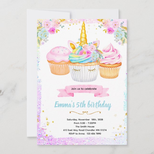 invitación de cumpleaños a fiesta de cupcakes de u (Anverso)