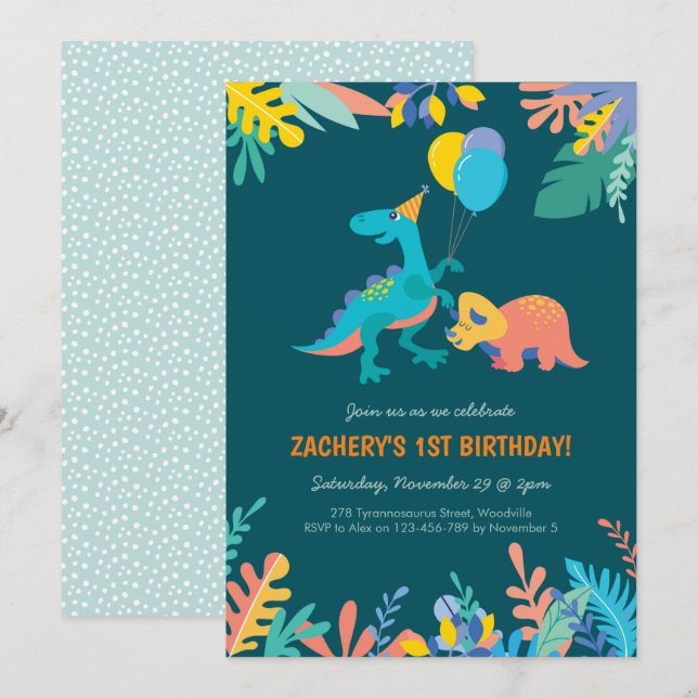 Invitación de cumpleaños a Fiesta de Dinosaurio (Anverso / Reverso)
