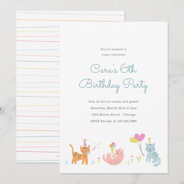 Invitación de cumpleaños a Fiesta de gatito (Anverso / Reverso)