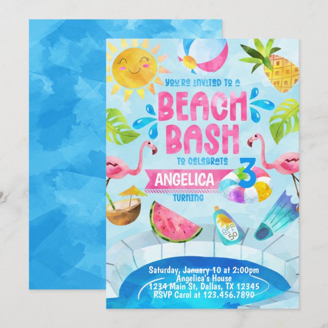 Invitación de cumpleaños a Fiesta de la piscina Be (Anverso / Reverso)