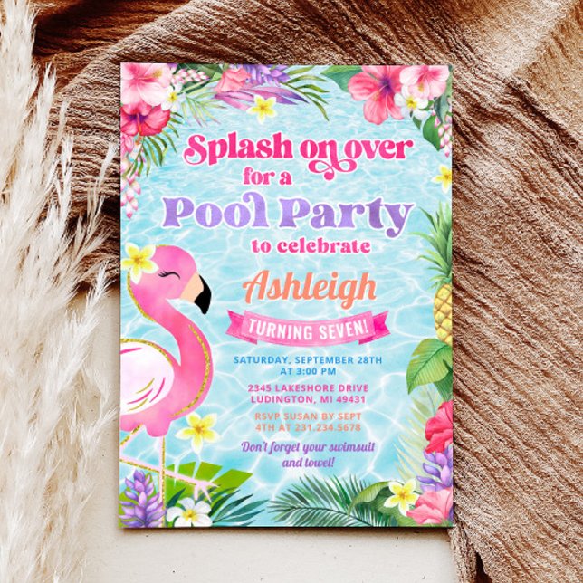 Invitación de cumpleaños a Fiesta de la piscina de (Tropical Girly Pool Party Birthday Invitation)