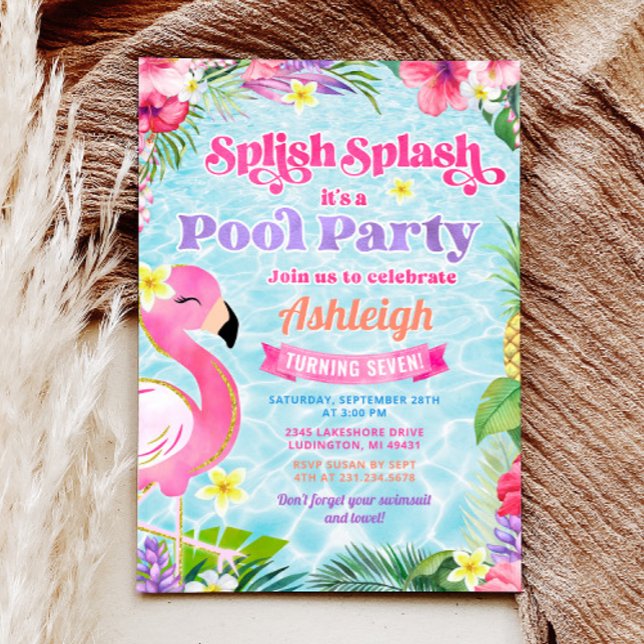 Invitación de cumpleaños a Fiesta de la piscina de (Tropical Girly Pool Party Birthday Invitation)