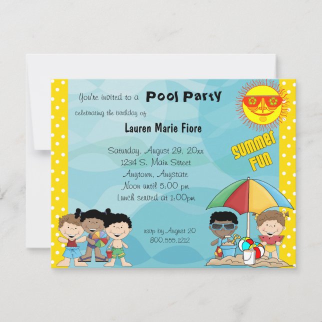 Invitación de cumpleaños a Fiesta de la piscina de (Anverso)