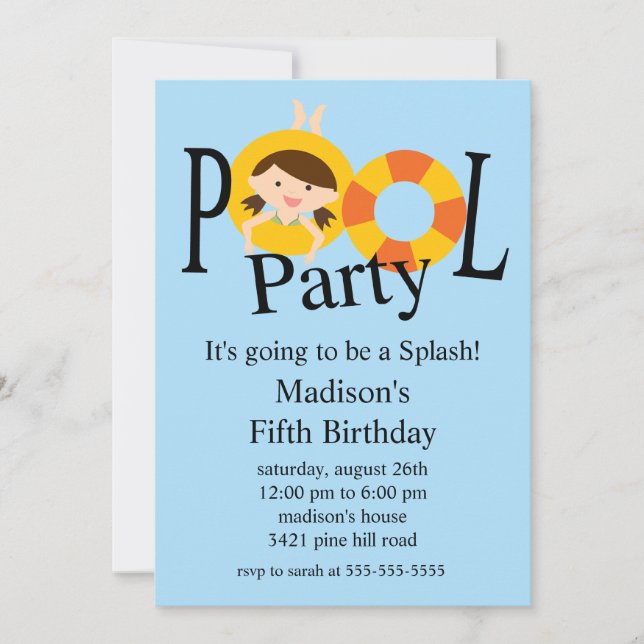 Invitación de cumpleaños a Fiesta de la PISCINA de (Anverso)
