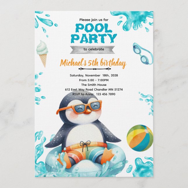 Invitación de cumpleaños a fiesta de pingüinos en  (Anverso)
