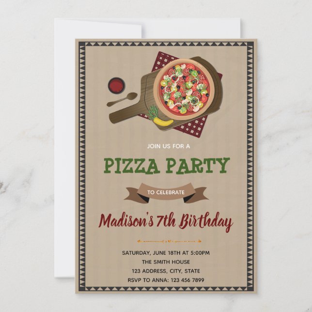 invitación de cumpleaños a fiesta de pizza (Anverso)