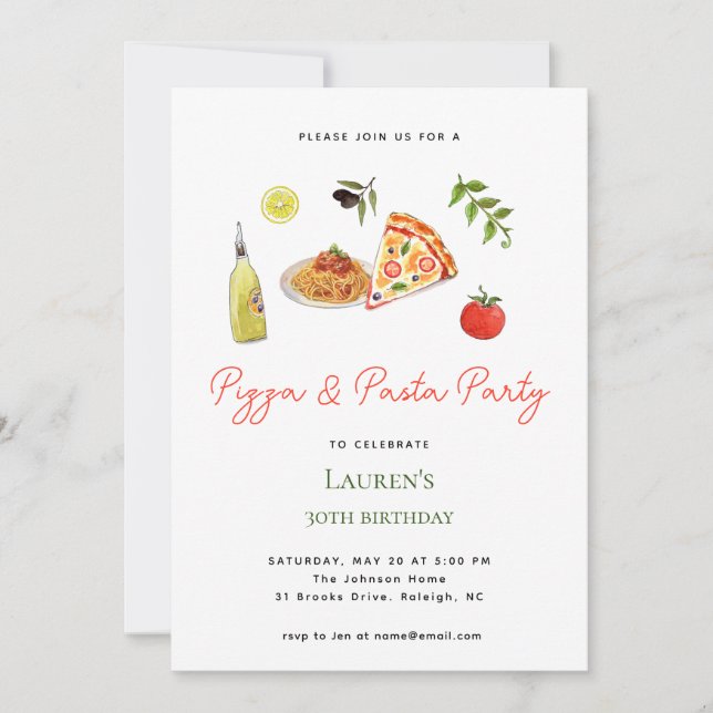 Invitación de cumpleaños a Fiesta de pizza y pasta (Anverso)