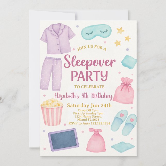 Invitación de cumpleaños a Fiesta de Sleepover (Anverso)