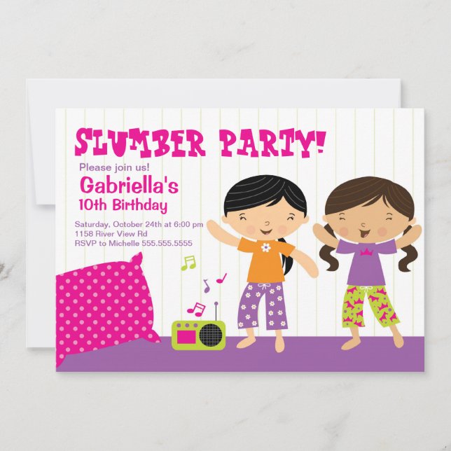Invitación de cumpleaños a Fiesta de Sleepover (Anverso)
