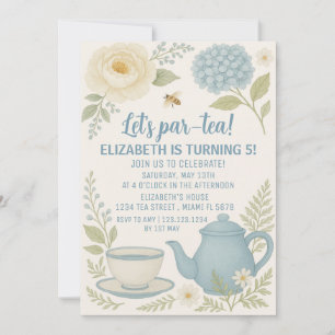Invitación de cumpleaños a Fiesta de té azul lindo