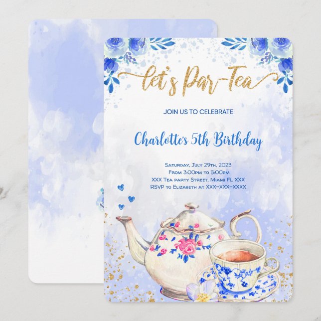 Invitación de cumpleaños a Fiesta de té azul y ros (Anverso / Reverso)