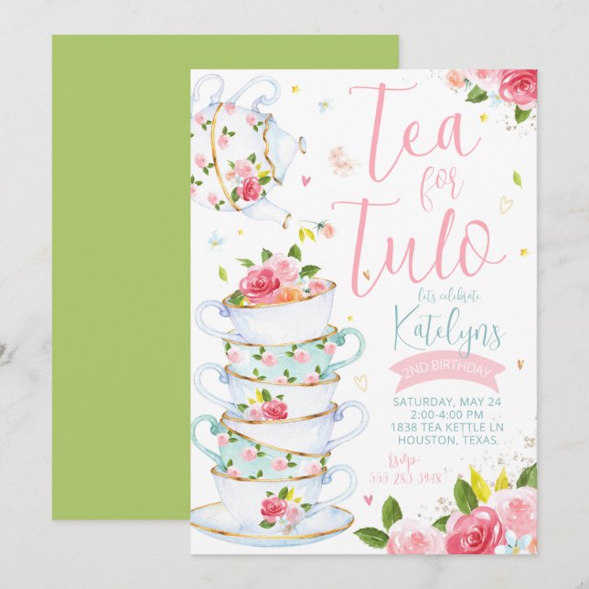 Invitación de cumpleaños a Fiesta de té con flores (Anverso / Reverso)