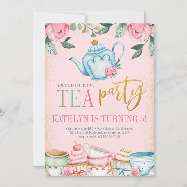 Invitación de cumpleaños a Fiesta de té con flores (Anverso)