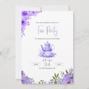 Invitación de cumpleaños a Fiesta de té morado flo
