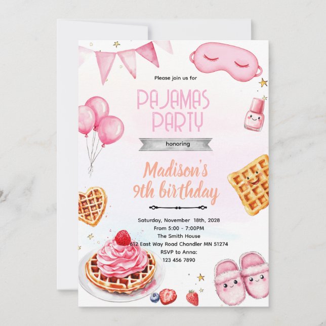 invitación de cumpleaños a fiesta de Waffle y Pija (Anverso)