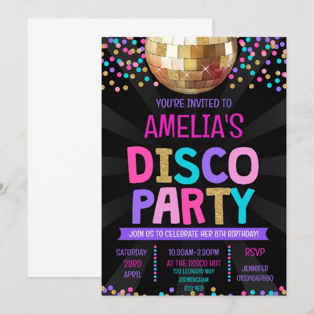 Invitación de cumpleaños a Fiesta Disco (Anverso / Reverso)