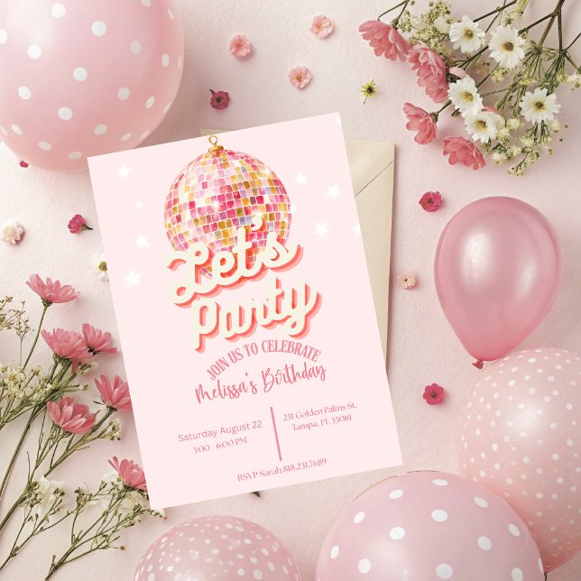 Invitación de cumpleaños a fiesta disco  (Disco birthday party invitation.)