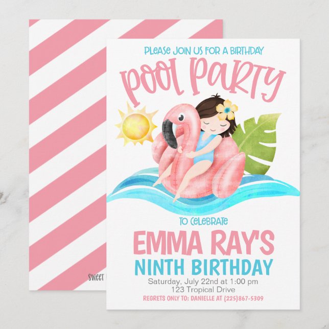Invitación de cumpleaños a fiesta en la piscina (Anverso / Reverso)