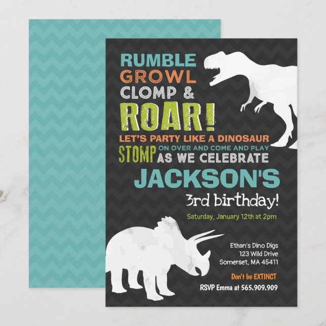 Invitación de cumpleaños a Fiesta fósil de dinosau (Anverso / Reverso)