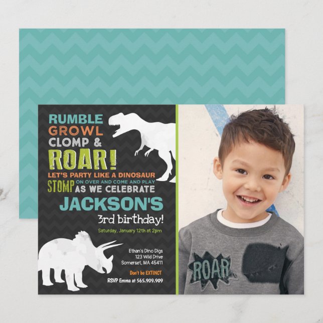 Invitación de cumpleaños a Fiesta fósil de dinosau (Anverso / Reverso)
