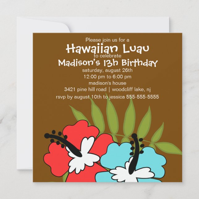 Invitación de cumpleaños a Fiesta Luau de Hawái (Anverso)