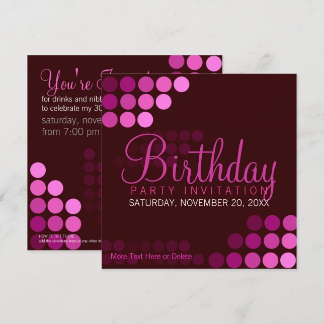 Invitación de cumpleaños a Fiesta Rosa Funky (Anverso / Reverso)