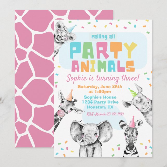 Invitación de cumpleaños a fiestas | Animales Fies (Anverso / Reverso)