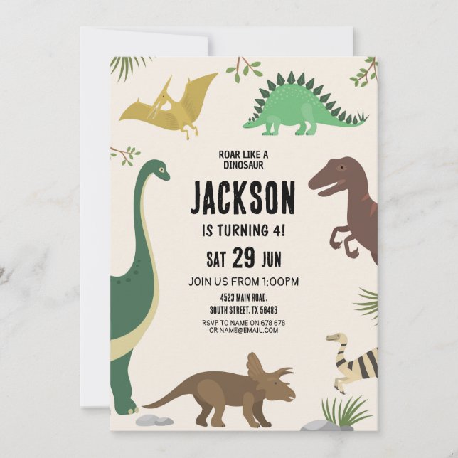 Invitación de cumpleaños a Fiestas de Dinosaur Din (Anverso)