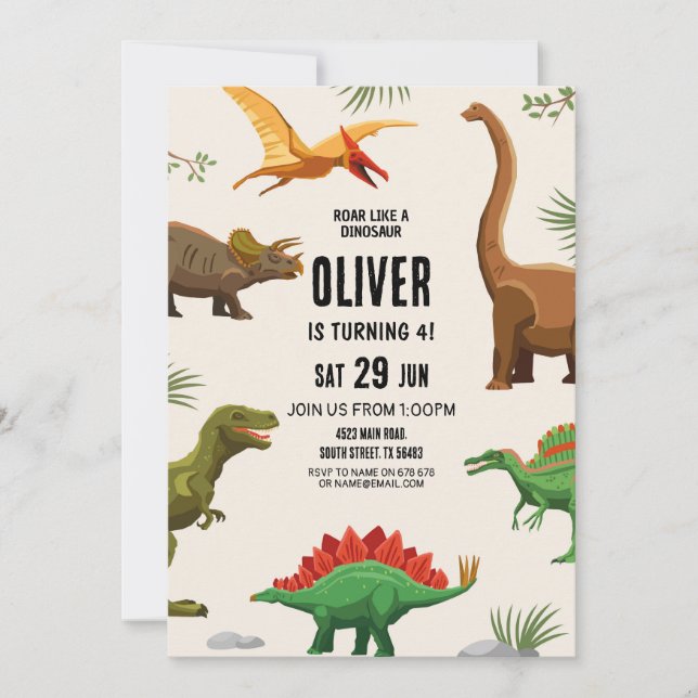 Invitación de cumpleaños a Fiestas de Dinosaur Din (Anverso)