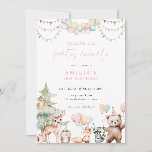 Invitación de cumpleaños a Fiestas de Woodland ros (Anverso)