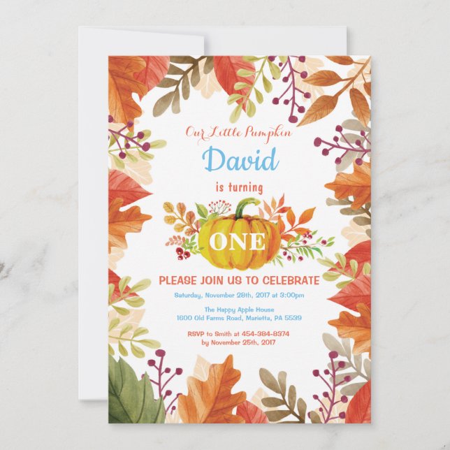 Invitación de cumpleaños a fin de año a la calabaz (Anverso)