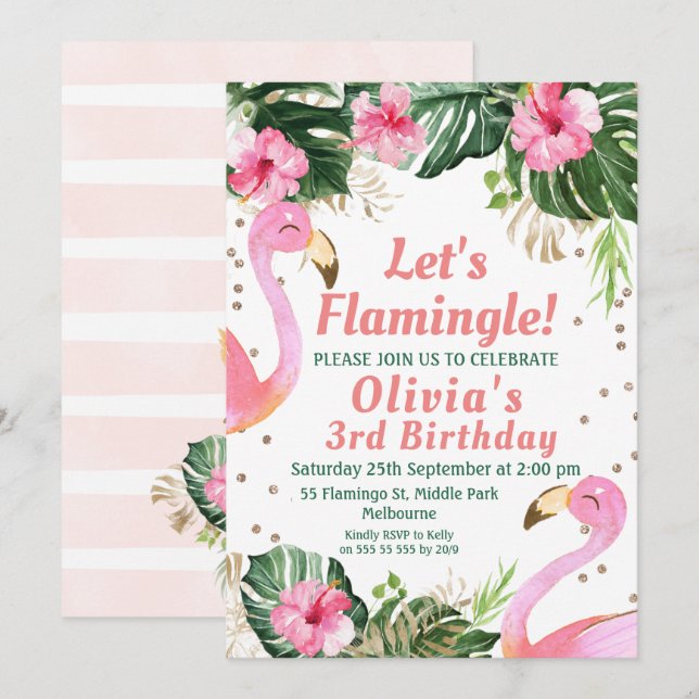 Invitación de cumpleaños a Flamingle Flamingo (Anverso / Reverso)
