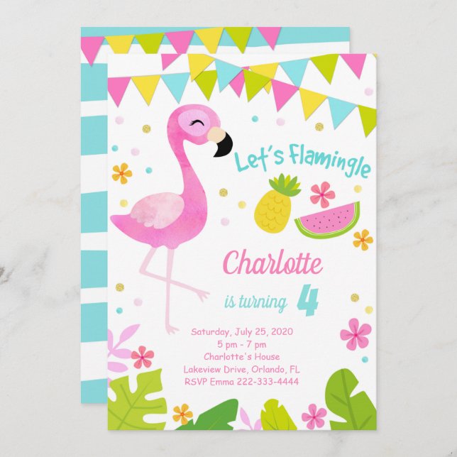 Invitación de cumpleaños a Flamingle Flamingo (Anverso / Reverso)