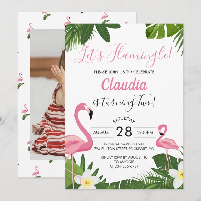 Invitación de cumpleaños a Flamingo Rosado Tropica (Anverso / Reverso)
