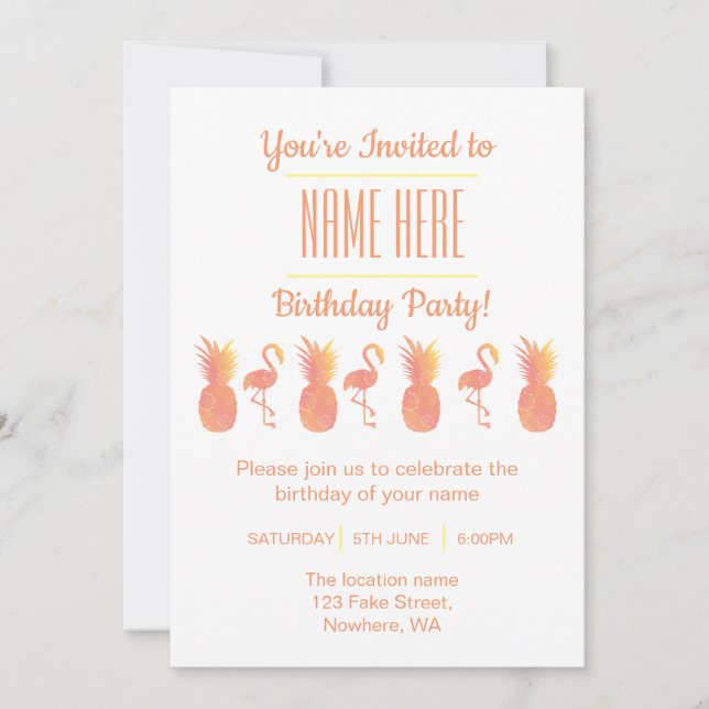 Invitación de cumpleaños a Flamingo y Piña (Anverso)