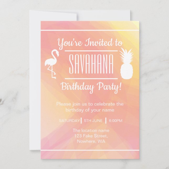 Invitación de cumpleaños a Flamingo y Piña (Anverso)