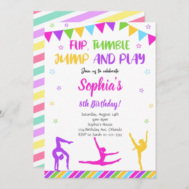 Invitación de cumpleaños a Flip Tumble Flip Gymnas (Anverso / Reverso)