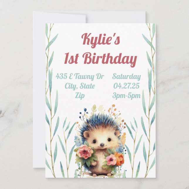 Invitación de cumpleaños a Floral Hedgehog (Anverso)