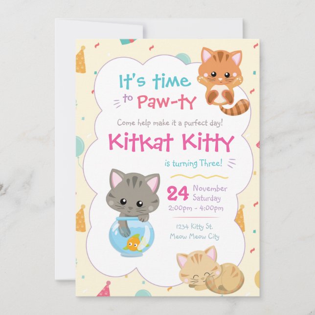 Invitación de cumpleaños a gatito gatito a Fiesta  (Anverso)