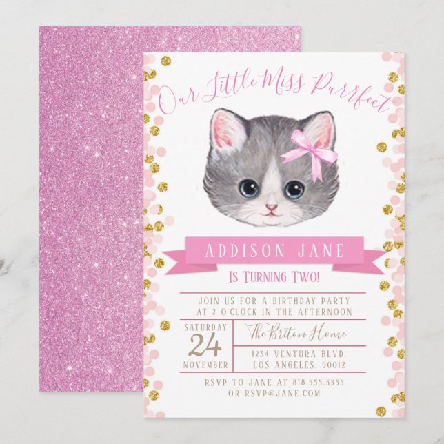 Invitación de cumpleaños a gatitos (Anverso / Reverso)