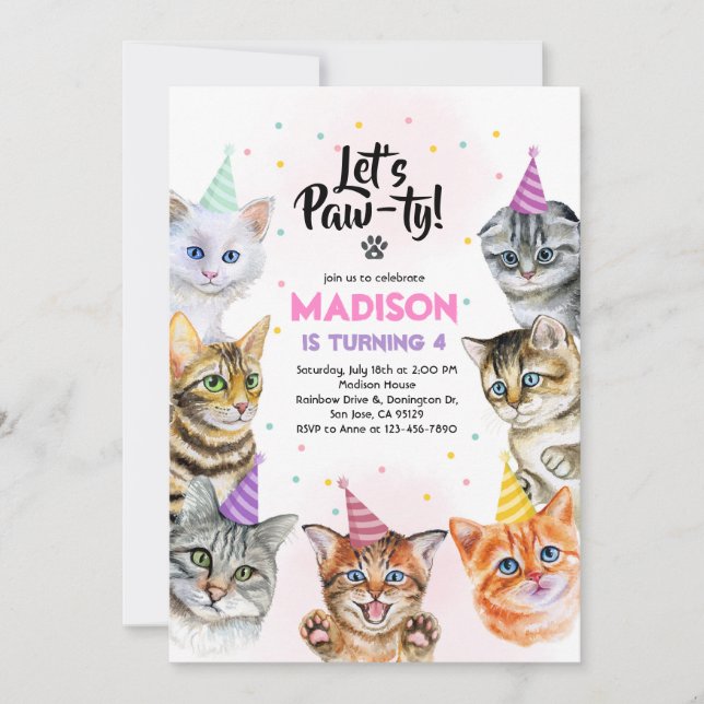 Invitación de cumpleaños a gatos Chica de la fiest (Anverso)