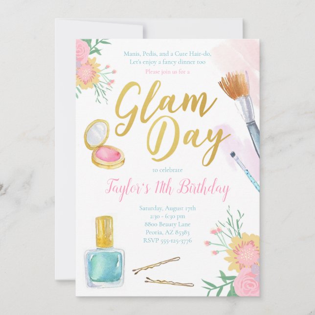 Invitación de cumpleaños a Glam Day | Mani Pedi Sp (Anverso)