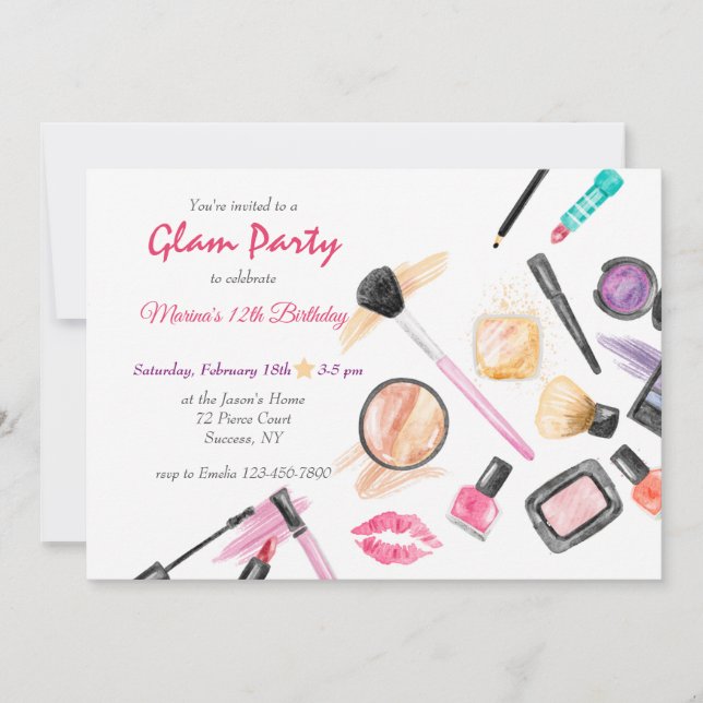 Invitación de cumpleaños a Glam Fiesta (Anverso)
