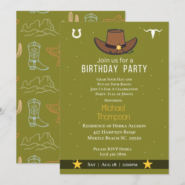 Invitación de cumpleaños a Gorra de Cowboy occiden (Anverso / Reverso)