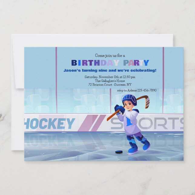 Invitación de cumpleaños a jugador de hockey (Anverso)