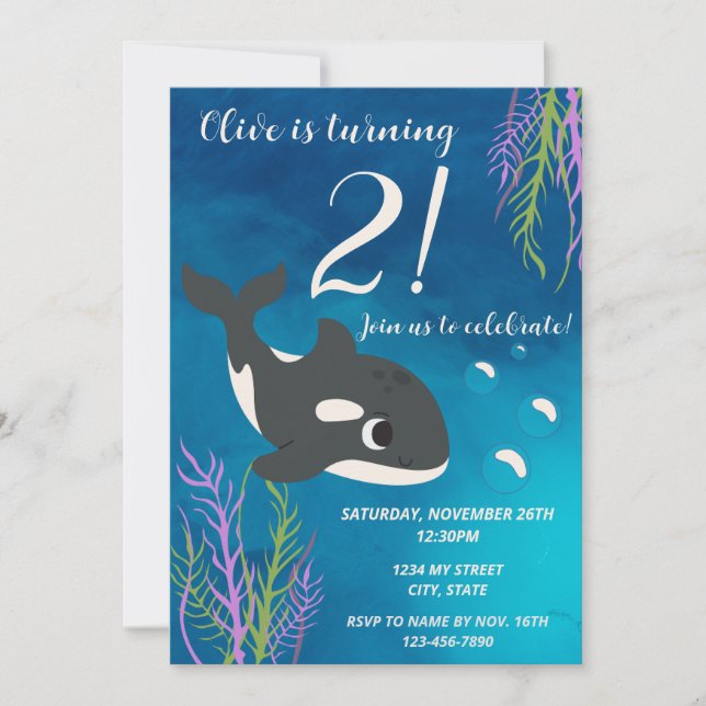 Invitación de cumpleaños a la ballena orca (Anverso)