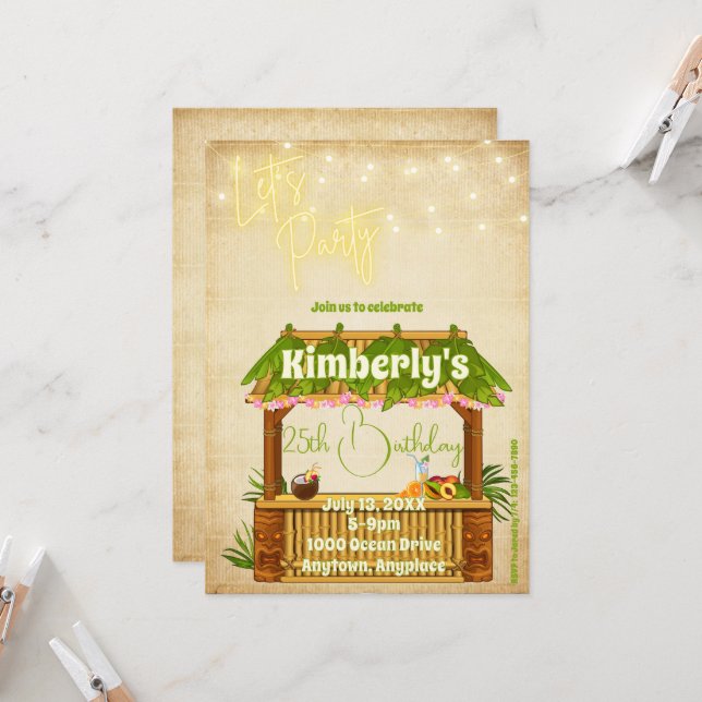 Invitación de cumpleaños a la barra Tiki simple (Anverso/Reverso In Situ)