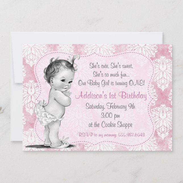 Invitación de cumpleaños a la bebé ventilado Moda  (Anverso)